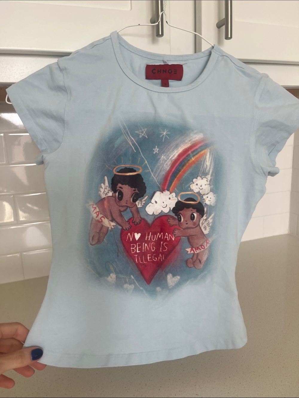 CHNGE Light Blue Kids Short-Sleeve Graphic Tee with Rainbow Cherubs